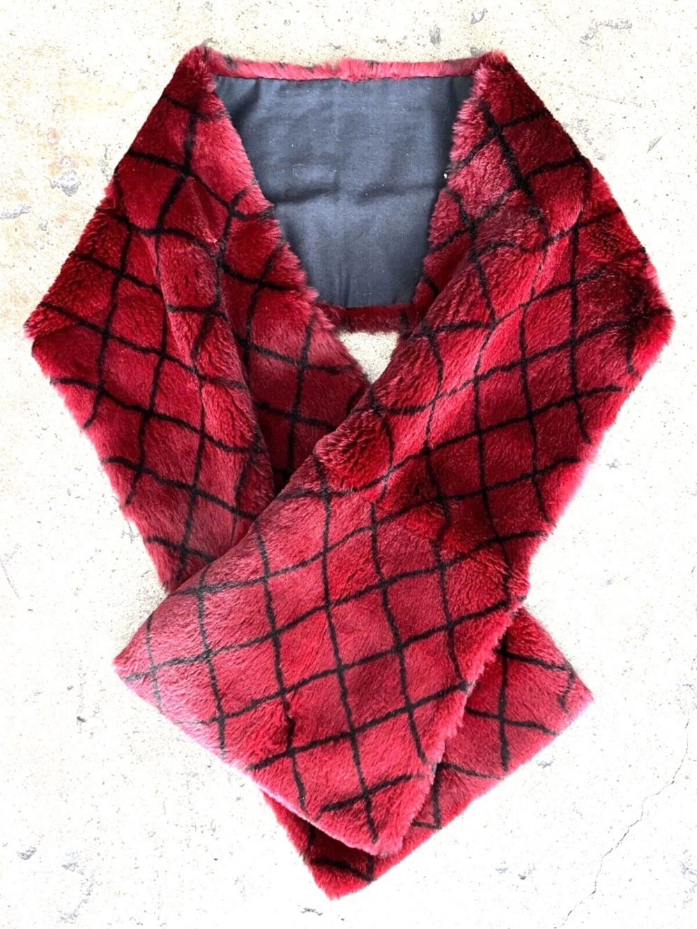 CHANEL Rare Vintage Fur Long Wrap Shawl Scarf Bordeaux Black Diamond Made France